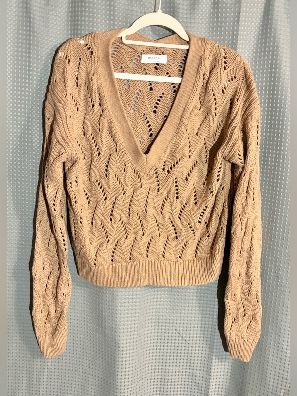 Bailey 44 V-Neck Open Knit Sweater Sz M Beige Brown Cotton Silk Blend Basic - Picture 11 of 11